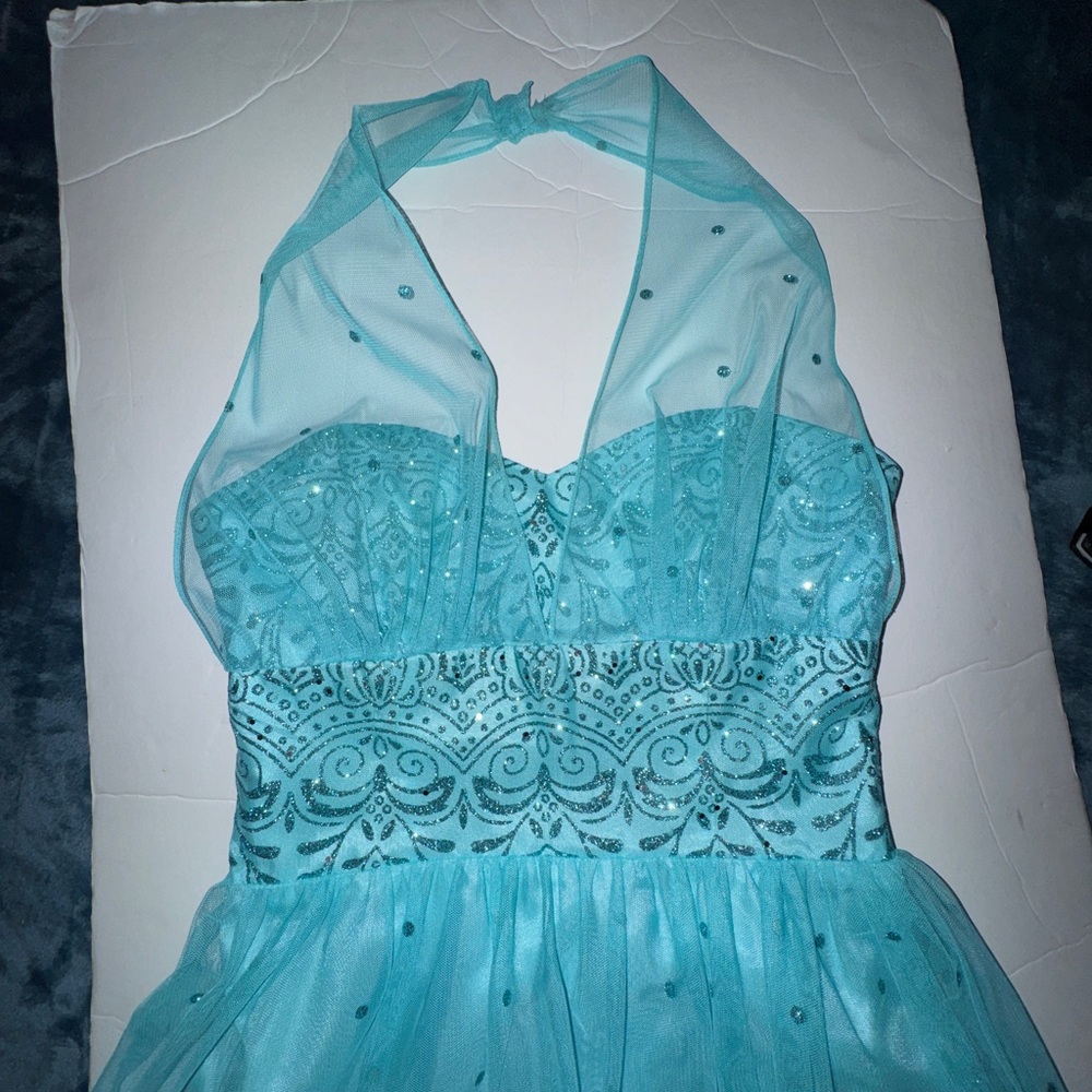 90s/Y2K Zum Zum by Niki Livas Teal Glitter Halter PromDress -MadeinUSA -Size 3/4